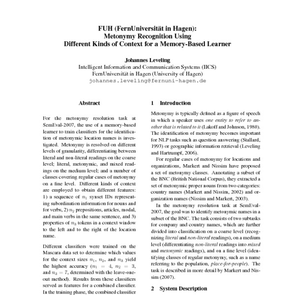 FUH (FernUniversität in Hagen): Metonymy Recognition Using Different ...