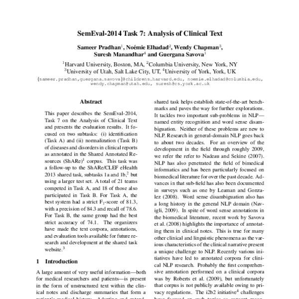 SemEval-2014 Task 7: Analysis of Clinical Text - ACL Anthology