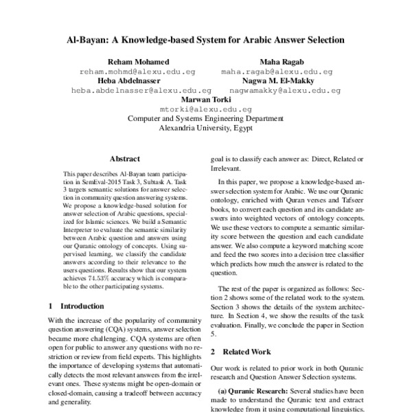 Al-Bayan: A Knowledge-based System for Arabic Answer Selection - ACL ...