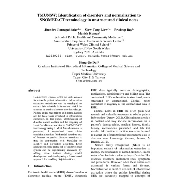 TMUNSW: Identification of Disorders and Normalization to SNOMED-CT ...