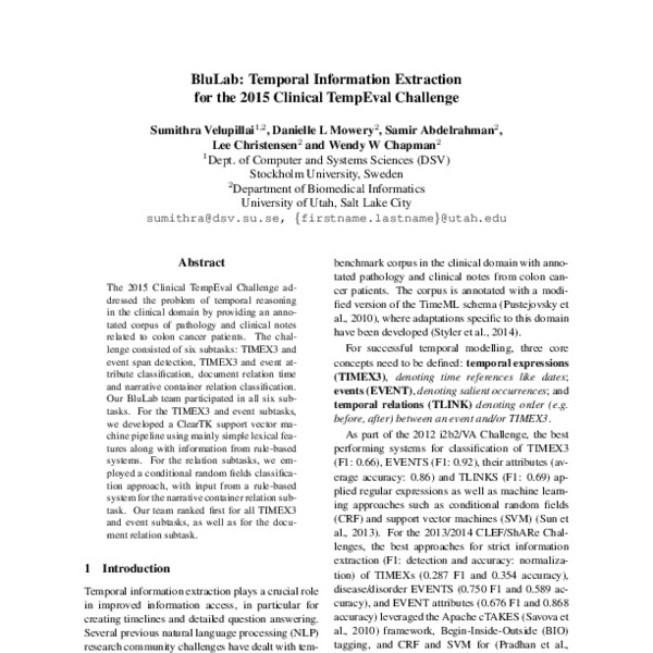 BluLab: Temporal Information Extraction for the 2015 Clinical TempEval ...