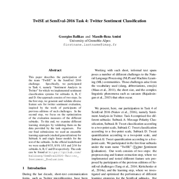 TwiSE at SemEval-2016 Task 4: Twitter Sentiment Classification - ACL ...