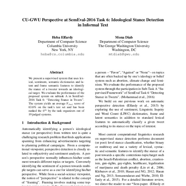 CU-GWU Perspective at SemEval-2016 Task 6: Ideological Stance Detection ...