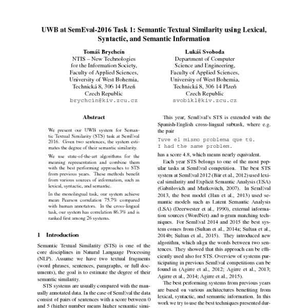 UWB at SemEval-2016 Task 1: Semantic Textual Similarity using Lexical ...