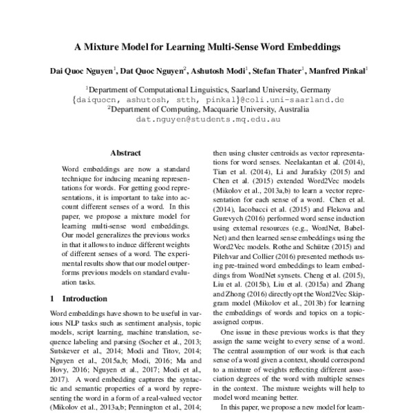 A Mixture Model for Learning Multi-Sense Word Embeddings - ACL Anthology