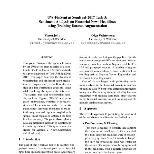 UW FinSent At SemEval 2017 Task 5 Sentiment Analysis On Financial News Headlines Using Training 