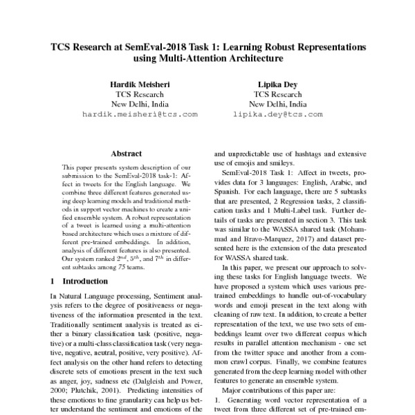 TCS Research at SemEval-2018 Task 1: Learning Robust Representations ...