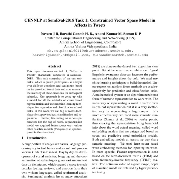 CENNLP at SemEval-2018 Task 1: Constrained Vector Space Model in ...