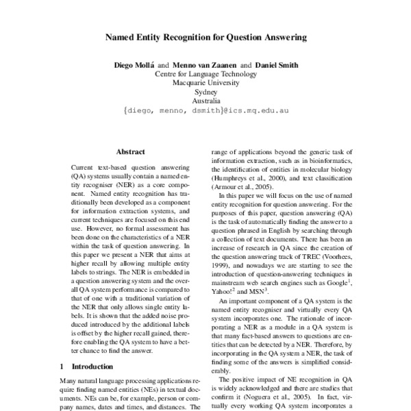 Named Entity Recognition for Question Answering - ACL Anthology