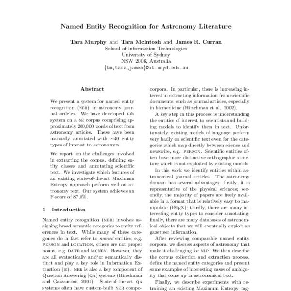 Named Entity Recognition for Astronomy Literature - ACL Anthology