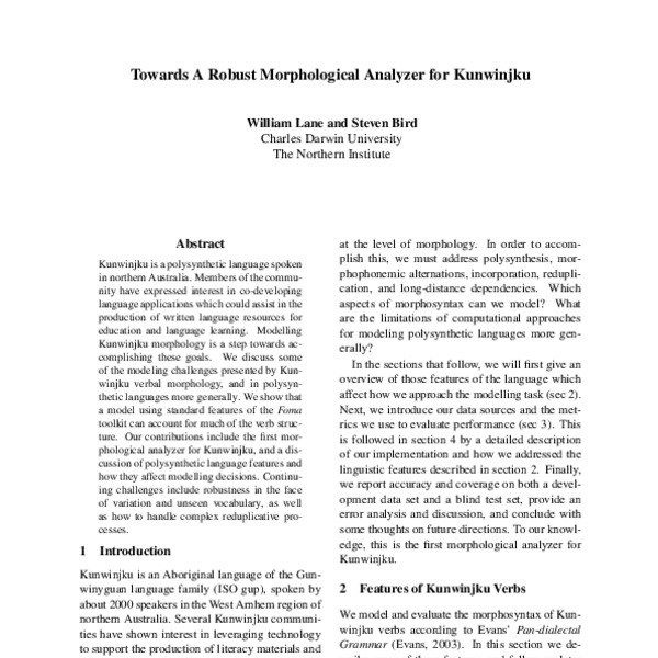 Towards A Robust Morphological Analyzer for Kunwinjku - ACL Anthology