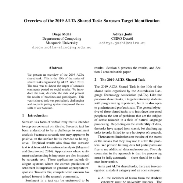 Overview of the 2019 ALTA Shared Task: Sarcasm Target Identification ...