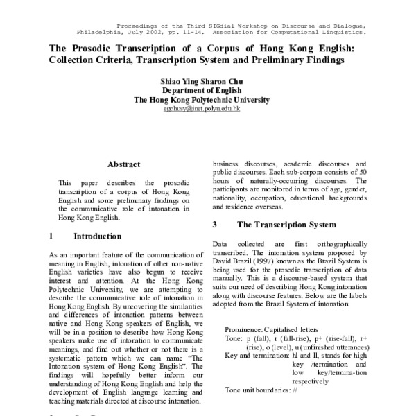 The Prosodic Transcription of a Corpus of Hong Kong English ...