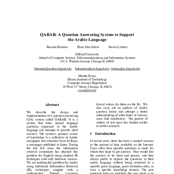 QARAB: A: Question Answering System to Support the Arabic Language ...