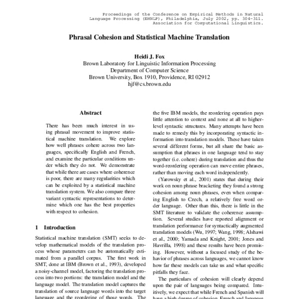 Phrasal Cohesion and Statistical Machine Translation - ACL Anthology