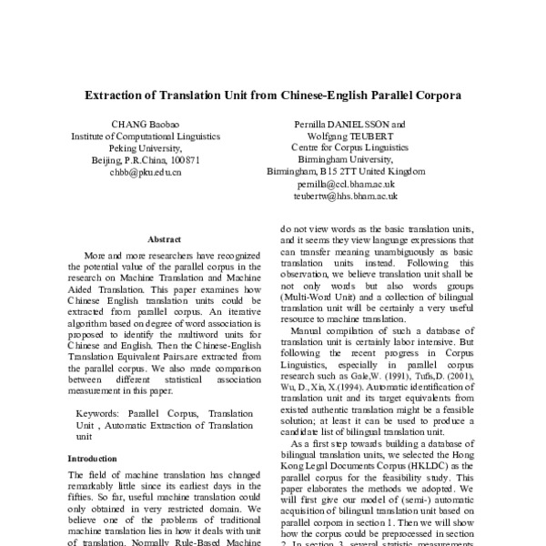Extraction of Translation Unit from Chinese-English Parallel Corpora ...