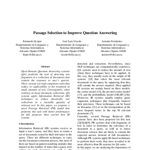 Passage Selection to Improve Question Answering - ACL Anthology