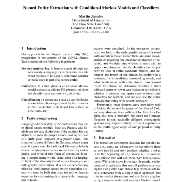 Named Entity Extraction with Conditional Markov Models and Classifiers ...