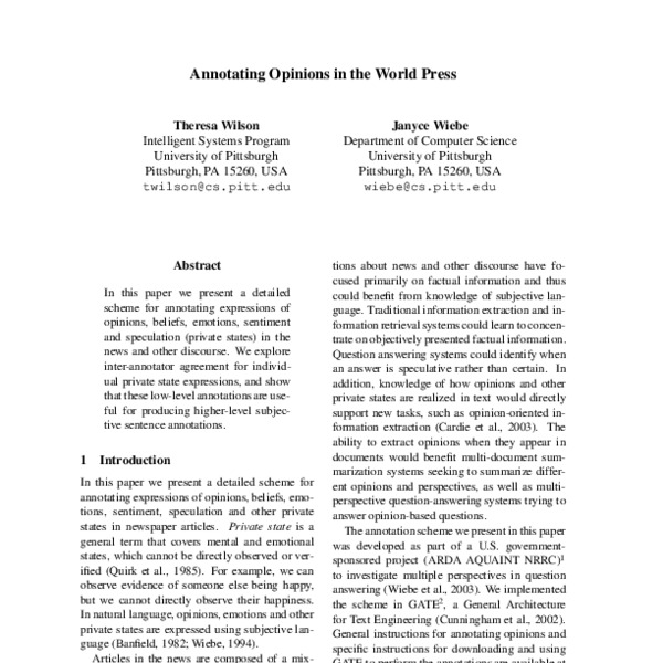 Annotating Opinions in the World Press - ACL Anthology