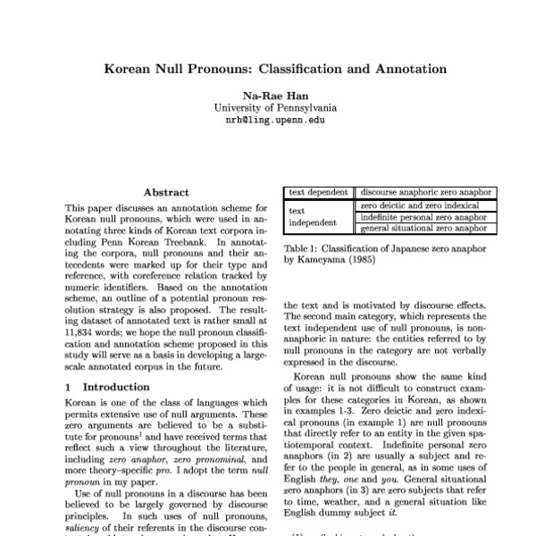 Korean Null Pronouns: Classification and Annotation - ACL Anthology