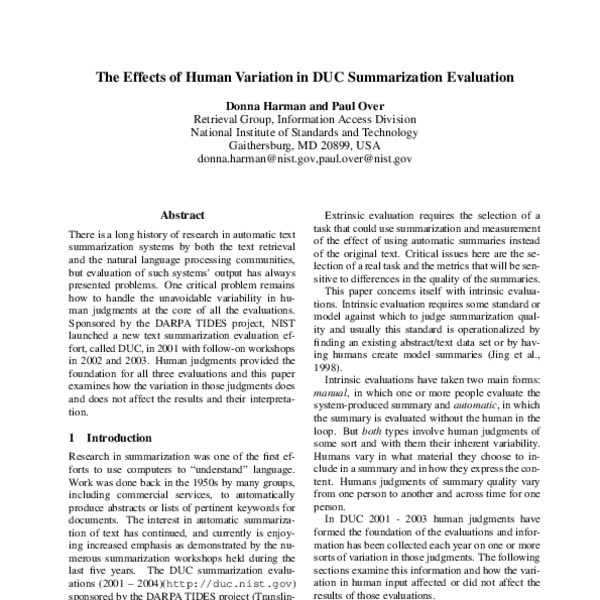 The Effects of Human Variation in DUC Summarization Evaluation - ACL ...