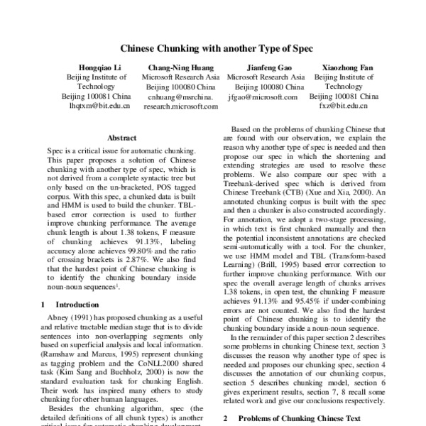 Chinese Chunking with Another Type of Spec - ACL Anthology