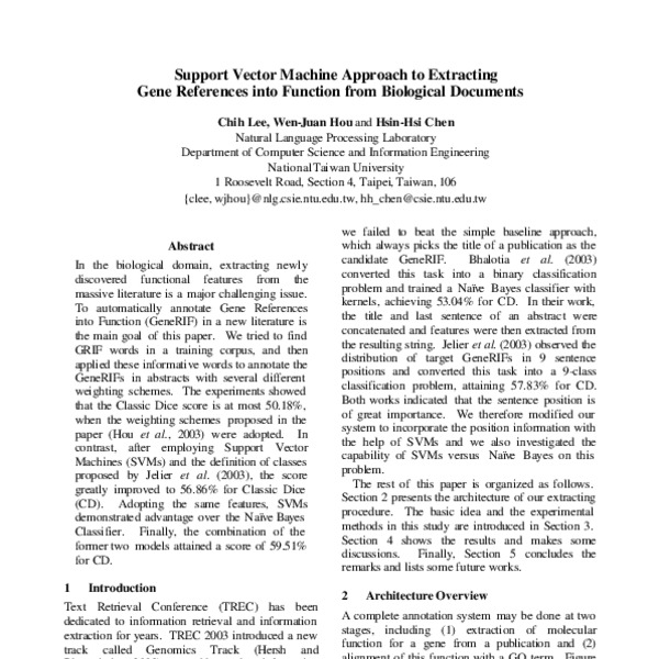 Support Vector Machine Approach to Extracting Gene References into ...