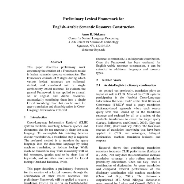 Preliminary Lexical Framework for English-Arabic Semantic Resource ...