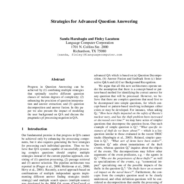 Strategies for Advanced Question Answering - ACL Anthology