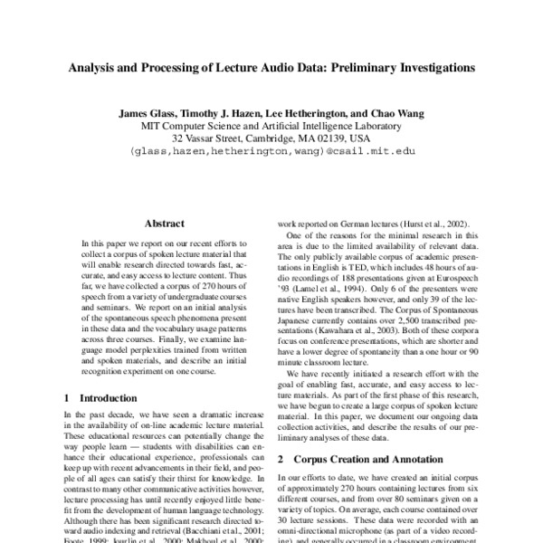 Analysis and Processing of Lecture Audio Data: Preliminary ...
