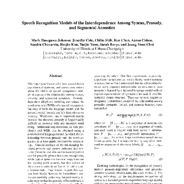 Speech Recognition Models of the Interdependence Among Syntax, Prosody ...