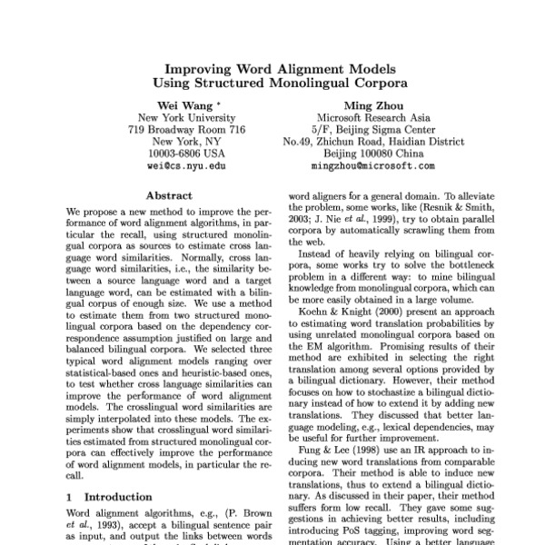Improving Word Alignment Models using Structured Monolingual Corpora ...