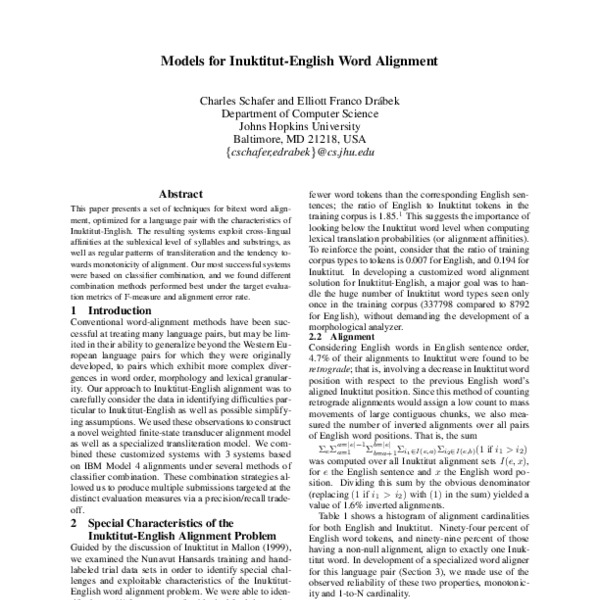 Models for Inuktitut-English Word Alignment - ACL Anthology