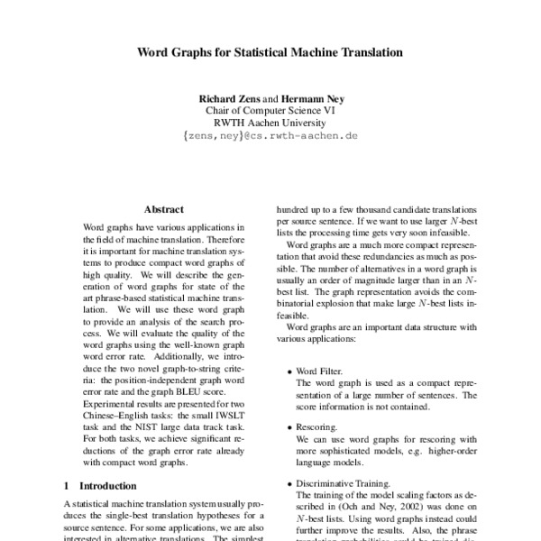 Word Graphs for Statistical Machine Translation - ACL Anthology