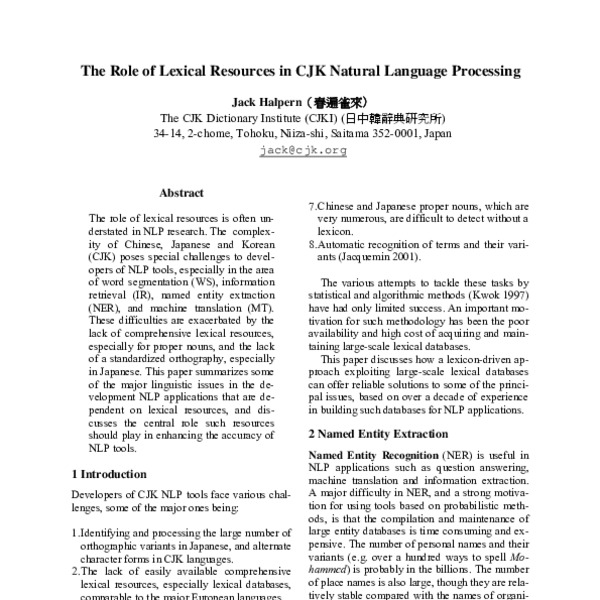The Role of Lexical Resources in CJK Natural Language Processing - ACL ...