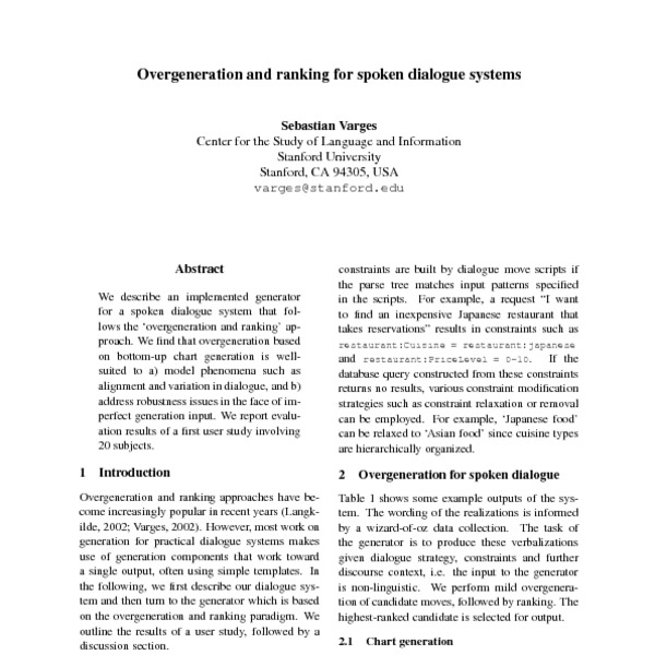 Overgeneration And Ranking For Spoken Dialogue Systems Acl Anthology