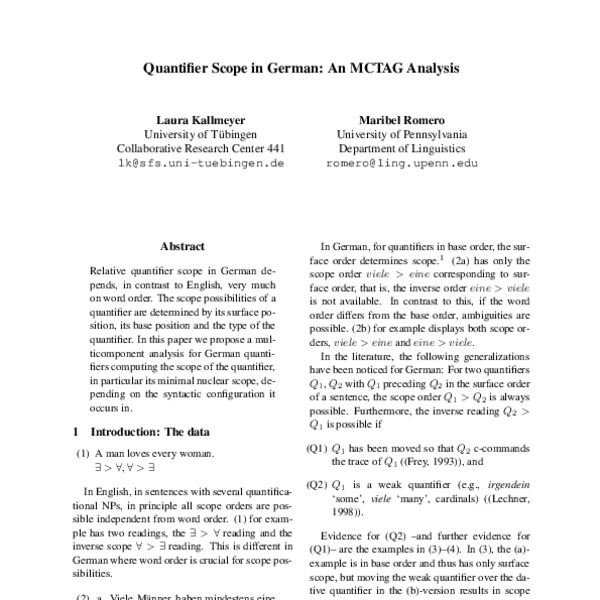 Quantifier Scope in German: An MCTAG Analysis - ACL Anthology