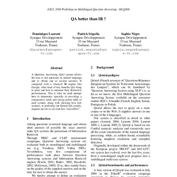 QA better than IR ? - ACL Anthology