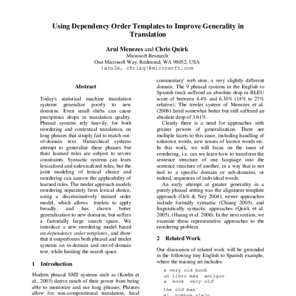Using Dependency Order Templates to Improve Generality in Translation ...