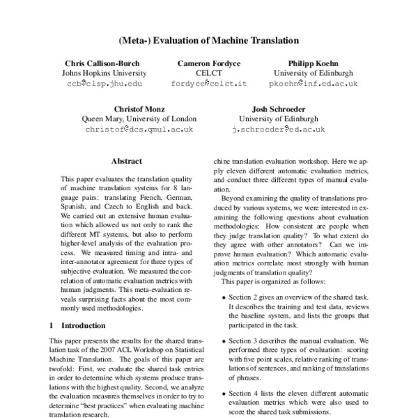 (Meta-) Evaluation of Machine Translation - ACL Anthology