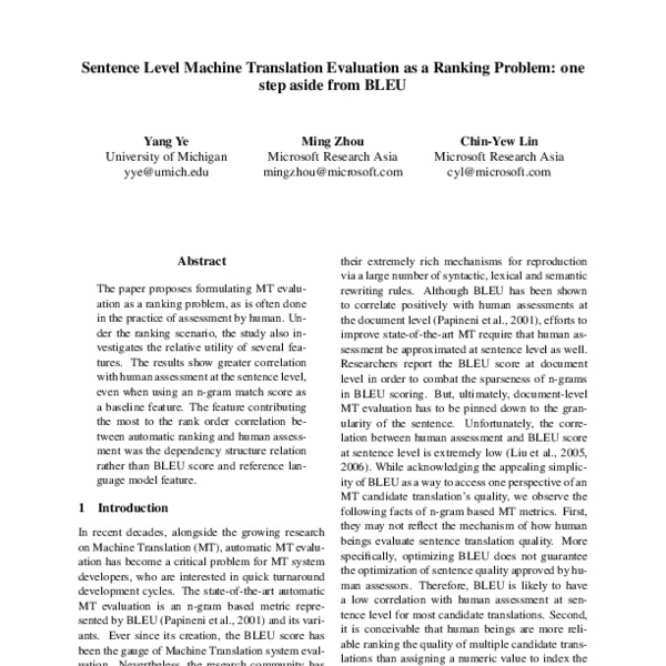 Sentence Level Machine Translation Evaluation as a Ranking - ACL Anthology