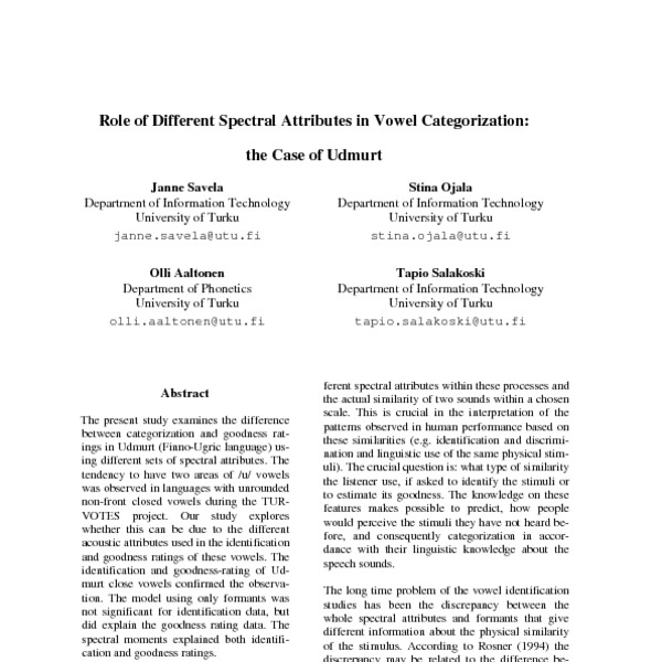 Role of Different Spectral Attributes in Vowel Categorization: the Case of  Udmurt - ACL Anthology