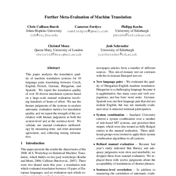Further Meta-Evaluation of Machine Translation - ACL Anthology