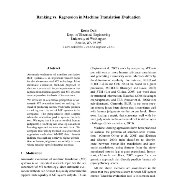 Ranking vs. Regression in Machine Translation Evaluation - ACL Anthology