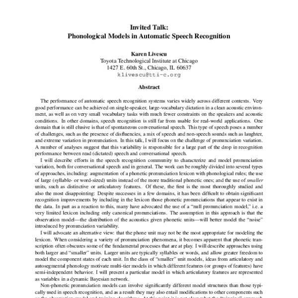Invited talk: Phonological Models in Automatic Speech Recognition - ACL ...