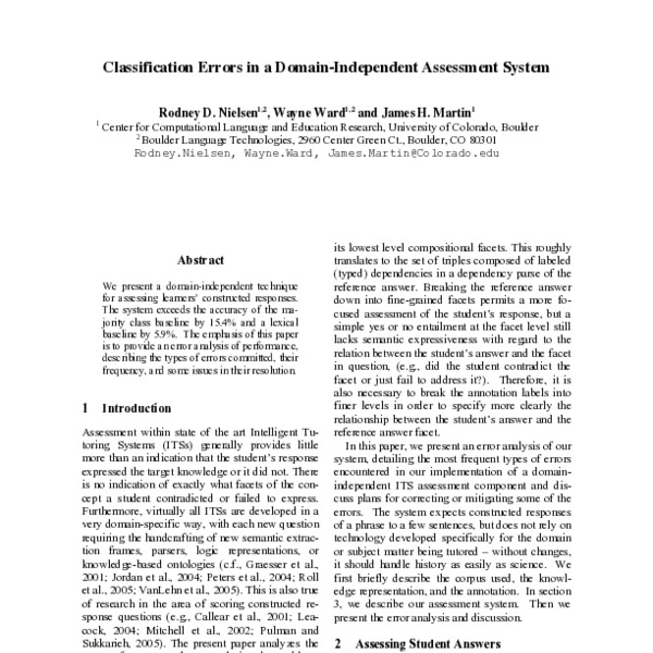 Classification Errors in a Domain-Independent Assessment System - ACL ...