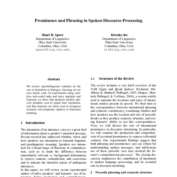 Prominence And Phrasing In Spoken Discourse Processing - ACL Anthology