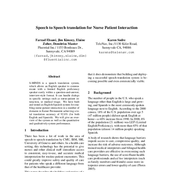 Speech to Speech Translation for Nurse Patient Interaction - ACL Anthology