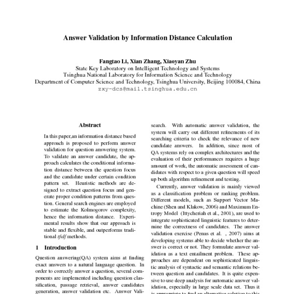 Answer Validation by Information Distance Calculation ACL Anthology