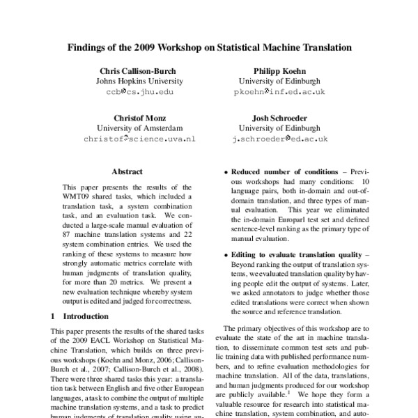Findings of the 2009 Workshop on Statistical Machine Translation - ACL ...